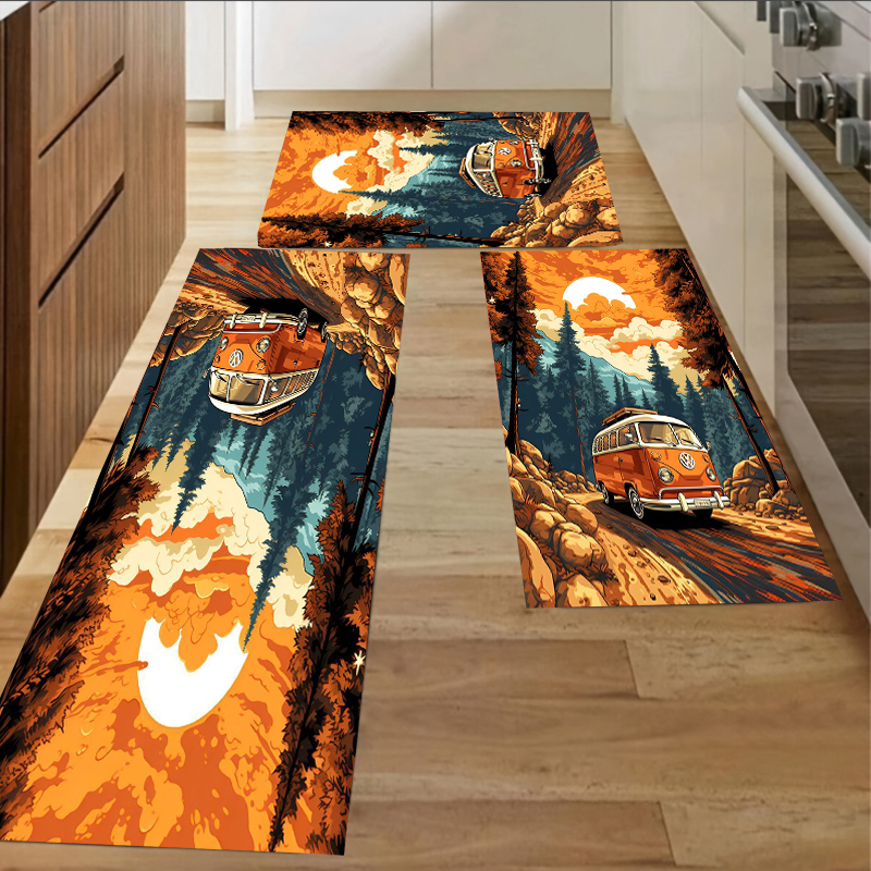 Commercial Printing Machine - Vintage Camping Bus Kitchen Rug Set